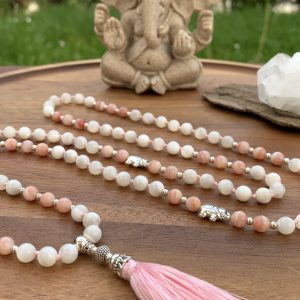 Handmade Mala -Natural white Mother of Pearl and Peruvian pink Opal beads on soft pink thread
