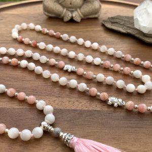 Handmade Mala -Natural white Mother of Pearl and Peruvian pink Opal beads on soft pink thread