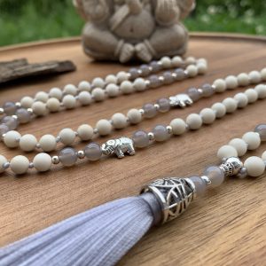 Handmade Mala - Ivory Jade with grey Agate on silver grey thread
